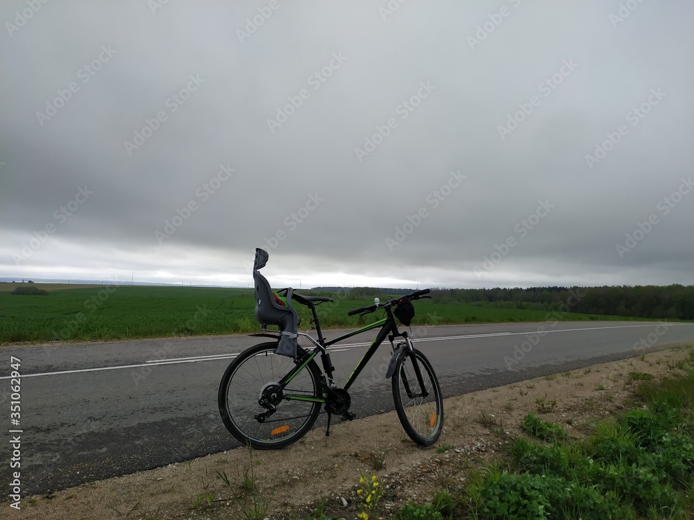Fototapeta premium bicycle with a child seat on an empty road on a cloudy day under a dark sky