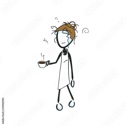Wake up in the morning sleepy, messy hair. Drinking coffee. Hand drawn. Stickman cartoon. Doodle sketch, Vector graphic illustration