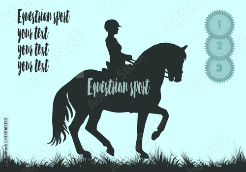 girl riding a horse, dressage, premium rosettes, equestrian sport, isolated dark silhouette on a blue background, place for your text, banner, postcard
