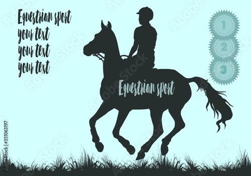 Horse rider vector silhouette. EPS 10. premium rosettes, children's equestrian sport, isolated black silhouette on a blue background, space for your text, banner, postcard