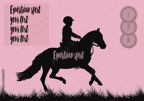 little girl rides a Welsh pony, children's equestrian sport, isolated black silhouette on a pinck background ,  place for your text, postcard photo