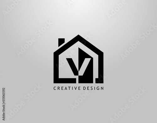 Real Estate V Letter Logo. Negative Space of Initial V and Minimalist House Shape