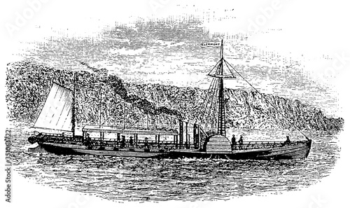 The North River Steamboat or North River, colloquially known as the Clermont, during the transition from New York to Albany on October 7, 1807. Illustration of the 19th century. White background.