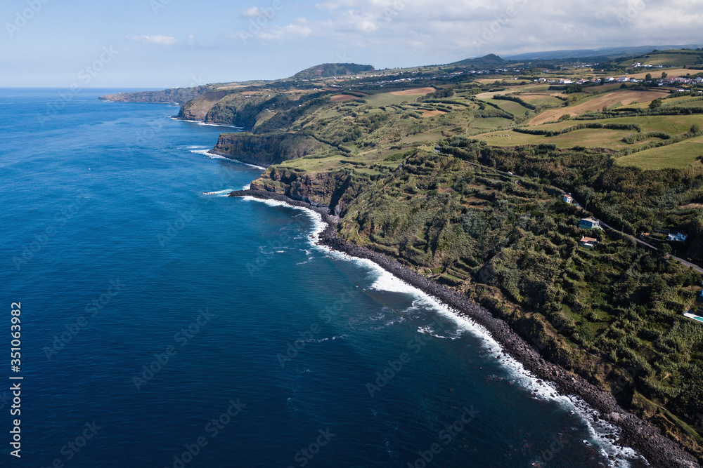 Bird's eye view of the Atlantic coast of San Miguel island, Azores, Portugal.