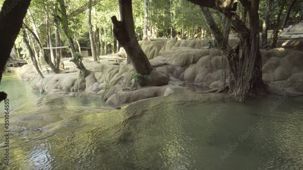 Panning shot of trees by rock formations with river flowing in forest - Luang Prabang, Laos Panning shot of trees by rock formations with river flowing in forest - Luang Prabang, Laos