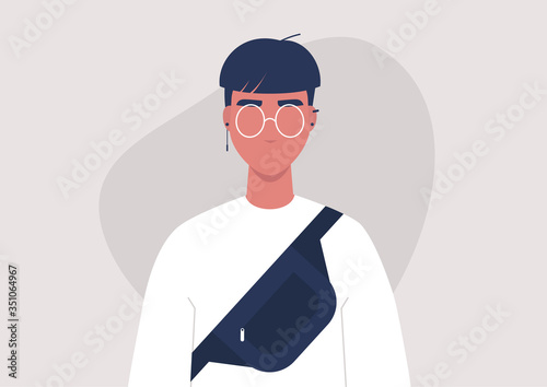 Street wear style, fashionable teenage male character wearing a fanny pack and jewellery accessories