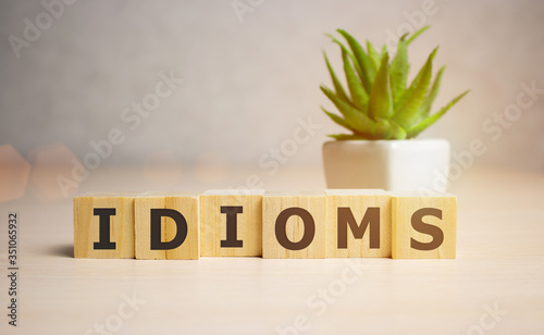 idioms - word from wooden blocks with letters, mode of expression concept, white background photo