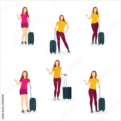 Girl with travel bag. Pretty female with luggage. Woman with suitcase. Part of set.