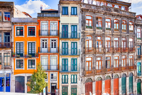 Portugal Travel Concepts.Colorful Facades of Traditional Old Houses in Porto City in Portugal.