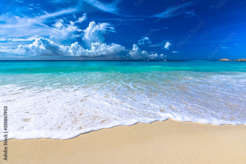 Fototapeta premium Turquoise sea of natural pool in La Digue. Clear calm waters of Grand Anse close to Petite Anse protected by forest. Peaceful wallpaper of tropical Seychelles.