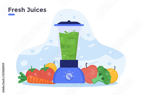 vector flat illustration healthy juice drink from fruit and vegetables with blender. making diy juices fresh smoothies concept. healthy lifestyle. carrot, tomatoes, broccoli, apple, orange organic.