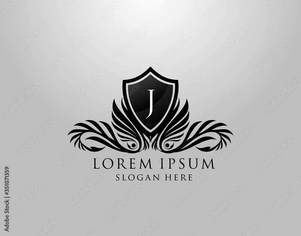 Obraz premium J Letter Logo. Classic Inital J Royal Shield design for Royalty, Letter Stamp, Boutique, Lable, Hotel, Heraldic, Jewelry, Photography.