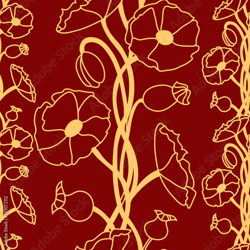 Floral decorative pattern. Maquis. Seamless gold pattern on a red background