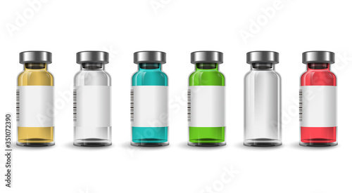 Vaccine bottle vector set. Vaccine bottles mockup template with various color isolated in white background for graphic elements. Vector illustration.
