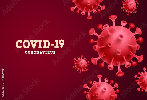 Covid-19 coronavirus red vector background. Coronavirus covid-19 text in red empty space with 3d realistic sars ncov for global pandemic. Vector illustration.
