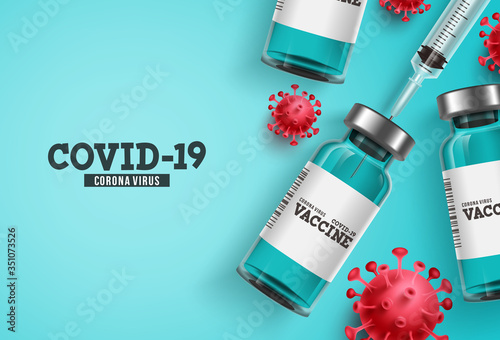 Coronavirus vaccine vector background. Covid-19 corona virus vaccination with vaccine bottle and syringe injection tool for covid19 immunization treatment. Vector illustration.
