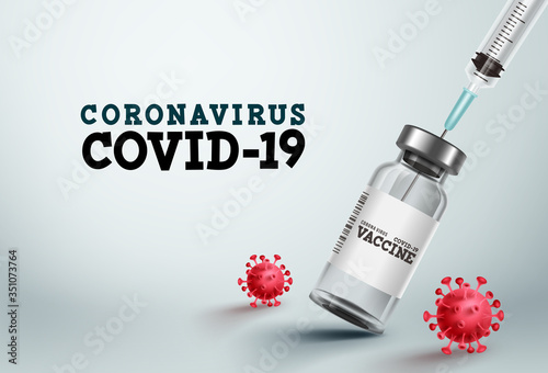 Covid-19 vaccine vector banner. Covid-19 vaccine bottle and injection syringe for coronavirus treatment and medical cure in white background Vector template.
