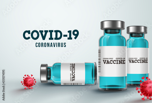 Vaccine for covid-19 coronavirus vector banner. Coronavirus vaccine bottle for covid-19 treatment, cure, immunization and clinical research. Vector illustration.
