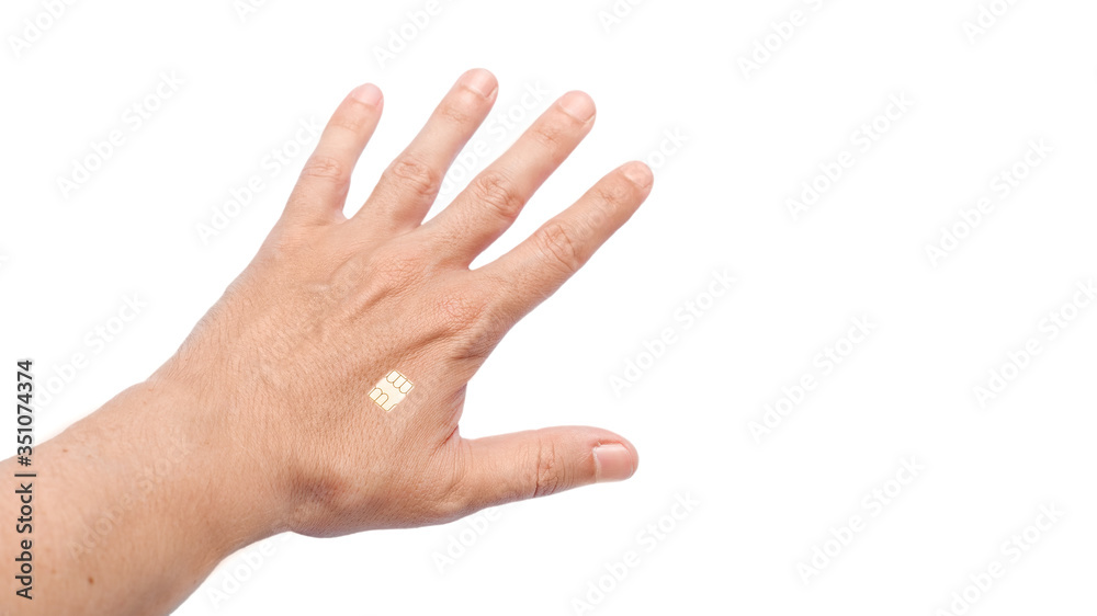 human hand holding a brush with an implanted microchip in the body for tracking and total control of the movement of the chipization plot, close-up isolated on a white background with copy space.