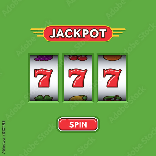 Jackpot triple seven in a green slot machine. Lucky seven. Casino vegas game. Slot machine game prize. Win 777 jackpot