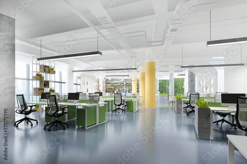3d rendering business meeting and working room on office building with green and yellow decor