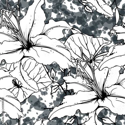 Floral Black White Pattern. Modern Watercolor