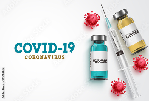 Covid-19 coronavirus vaccine treatment vector background. Covid19 vaccine bottle, syringe injection tool and coronavirus text in white background for corona virus immunization. Vector illustration.
