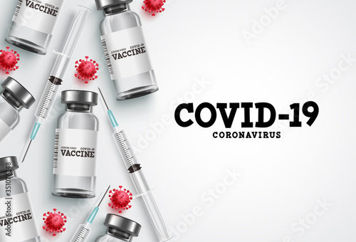 Covid-19 vaccination vector background. Covid19 coronavirus vaccine bottles and syringe injection tools for covid-19 immunization with space for text in white background. Vector illustration.
