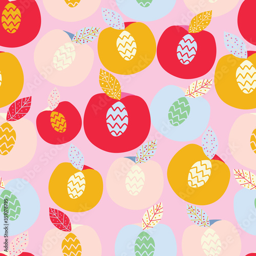 Pink with colourful peach halves seamless pattern background design.