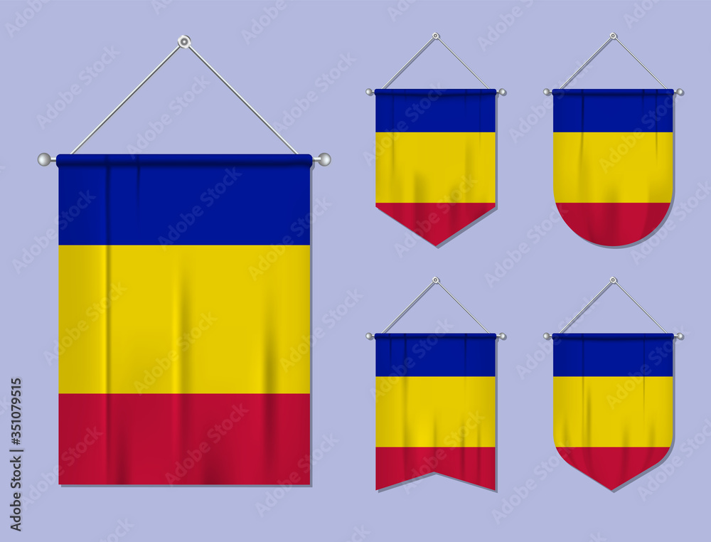 Set of hanging flags Andorra with textile texture. Diversity shapes of the national flag country. Vertical template pennant for banner, web, logo, award and festival Set of hanging flags Andorra with textile texture. Diversity shapes of the national flag country. Vertical template pennant for banner, web, logo, award and festival