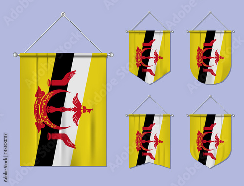 Set of hanging flags Brunei with textile texture. Diversity shapes of the national flag country. Vertical template pennant for banner, web, logo, award and festival photo