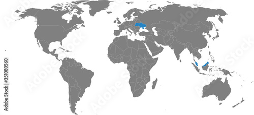 Malaysia, ukraine countries isolated on world map. Light gray background. Business concepts, economic, trade and transport relations.
