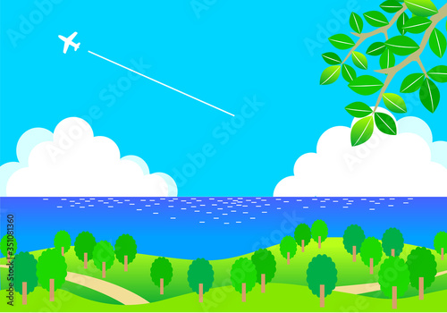 爽やかな海辺と木々のイラスト