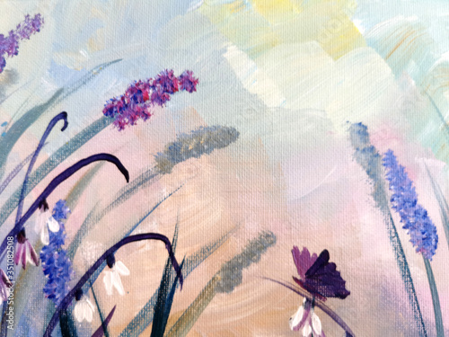 Fototapeta Naklejka Na Ścianę i Meble -  Wildflowers on a gentle pastel background, daisy and grass in colorful background