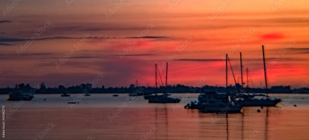 sunset over the harbor, sea, water, sky, boat, ship, city, evening, sailboat, landscape, port, ship