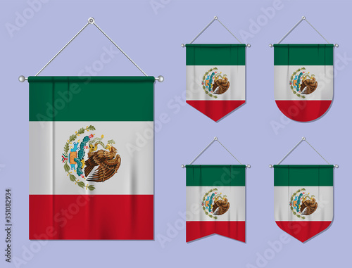 Set of hanging flags Mexico with textile texture. Diversity shapes of the national flag country. Vertical template pennant for banner, web, logo, award and festival