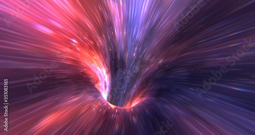 Abstract energy tunnel in space. Wormhole travel through time and space. Wormhole space deformation, science fiction. Black hole, vortex hyperspace tunnel. 3D rendering