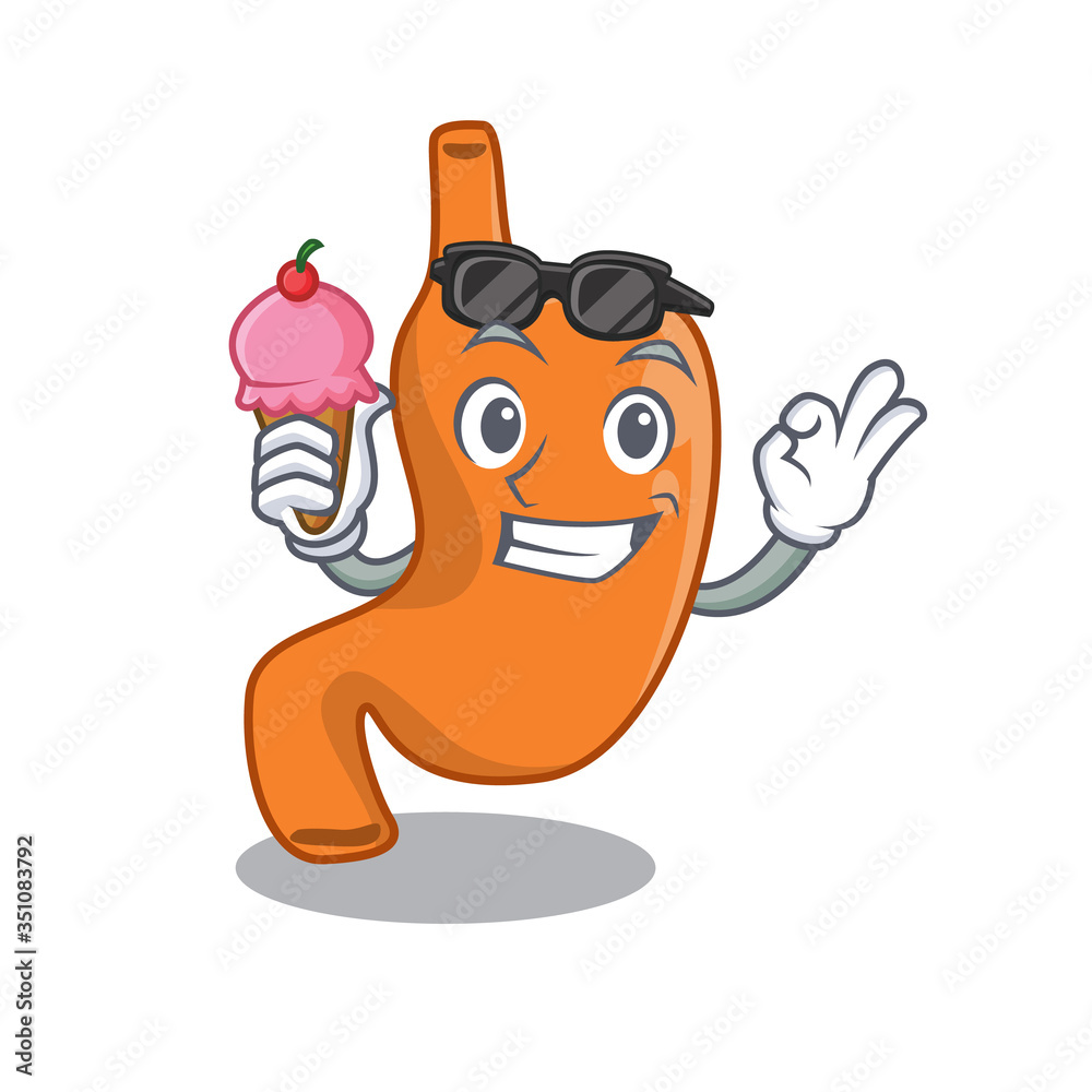 A cartoon drawing of stomach holding cone ice cream