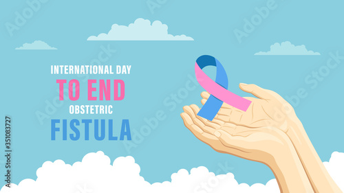 Detailed flat vector illustration of two hands holding a pink and blue ribbon representing the International Day to End Obstetric Fistula. Feel free to use only parts of the illustration too.