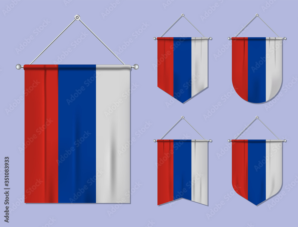 Set of hanging flags Russia with textile texture. Diversity shapes of the national flag country. Vertical template pennant for banner, web, logo, award and festival
