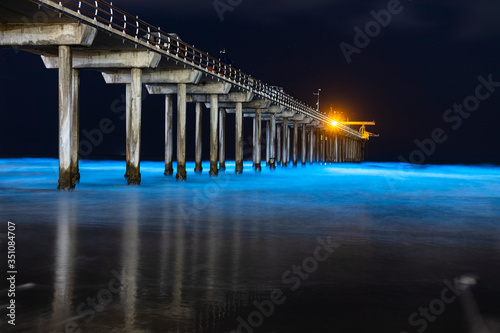 Bioluminescent waves glow blue at night around the pier at Scripps Institute of Oceanography.