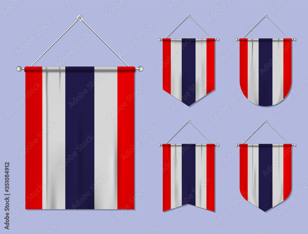 Set of hanging flags Thailand with textile texture. Diversity shapes of the national flag country. Vertical template pennant for banner, web, logo, award and festival Set of hanging flags Thailand with textile texture. Diversity shapes of the national flag country. Vertical template pennant for banner, web, logo, award and festival