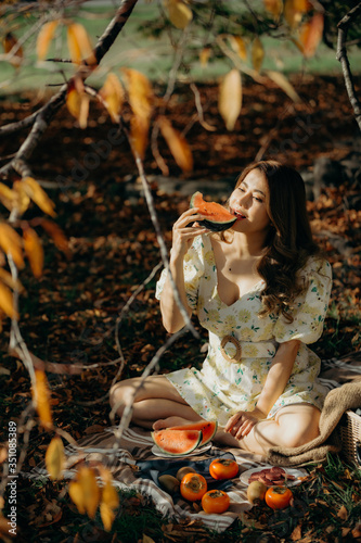 Happy Woman Life Style, beautiful asian girl on the nature picnic with fruits. Relaxing asian woman in Nature. Autumn landscape background. Active Outdoor Relax in Nature.