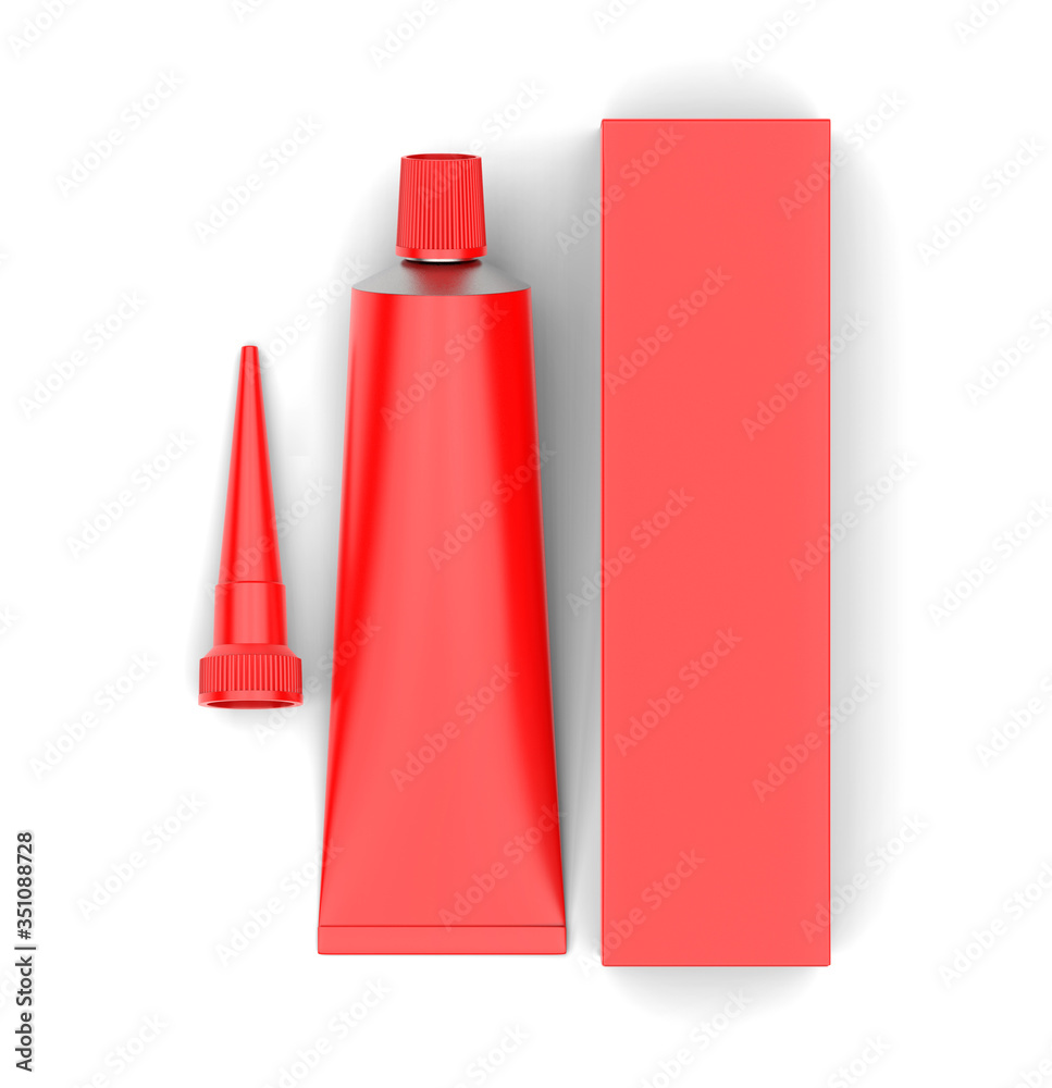 Blank industrial adhesive silicone sealant glue sump tube with paper box packaging for branding and mock up design. 3d render illustration. Blank industrial adhesive silicone sealant glue sump tube with paper box packaging for branding and mock up design. 3d render illustration.