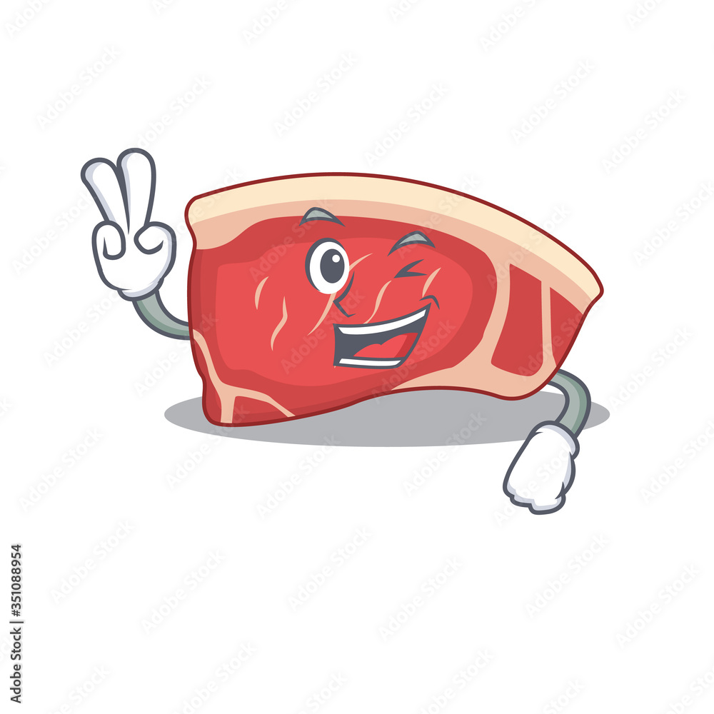 Happy sirloin cartoon design concept show two fingers Happy sirloin cartoon design concept show two fingers