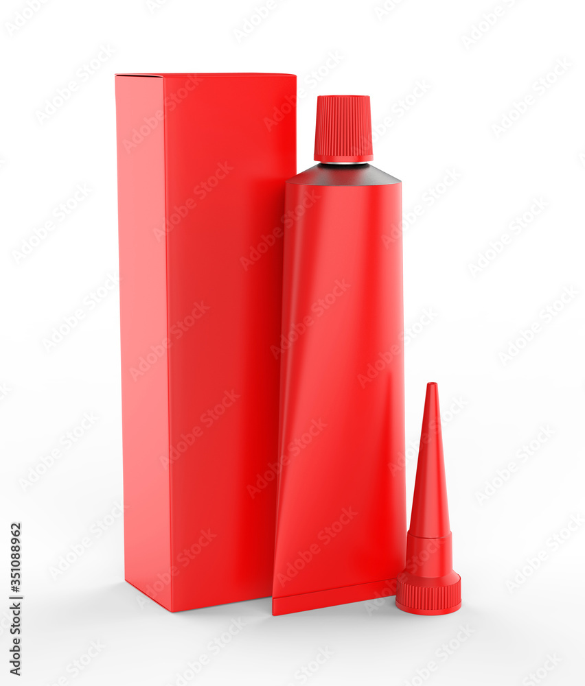 Blank industrial adhesive silicone sealant glue sump tube with paper box packaging for branding and mock up design. 3d render illustration. Blank industrial adhesive silicone sealant glue sump tube with paper box packaging for branding and mock up design. 3d render illustration.