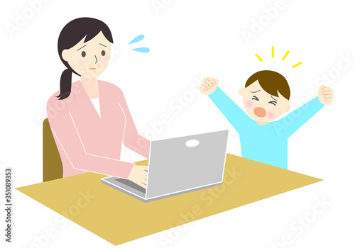 テレワークで困る母親と子供のイラスト
