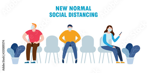 Social distancing concept, people wearing medical masks at seat during covid-19. New normal lifestyle in daily after Coronavirus outbreak isolated on white background vector illustration.