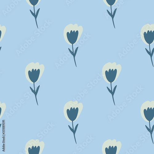 Abstract tulip flowers seamless pattern on blue background. Cute small flower endless wallpaper.