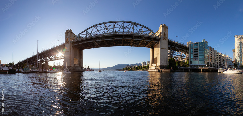 False Creek, Downtown Vancouver, British Columbia, Canada. Beautiful Panoramic View of Modern City during a sunny spring sunset. Cityscape Panorama